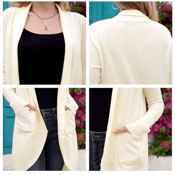 Ribbed Hem Cardigan Sweaters Pockets Long Sleeve Knit Open Front - Picture 4 of 4